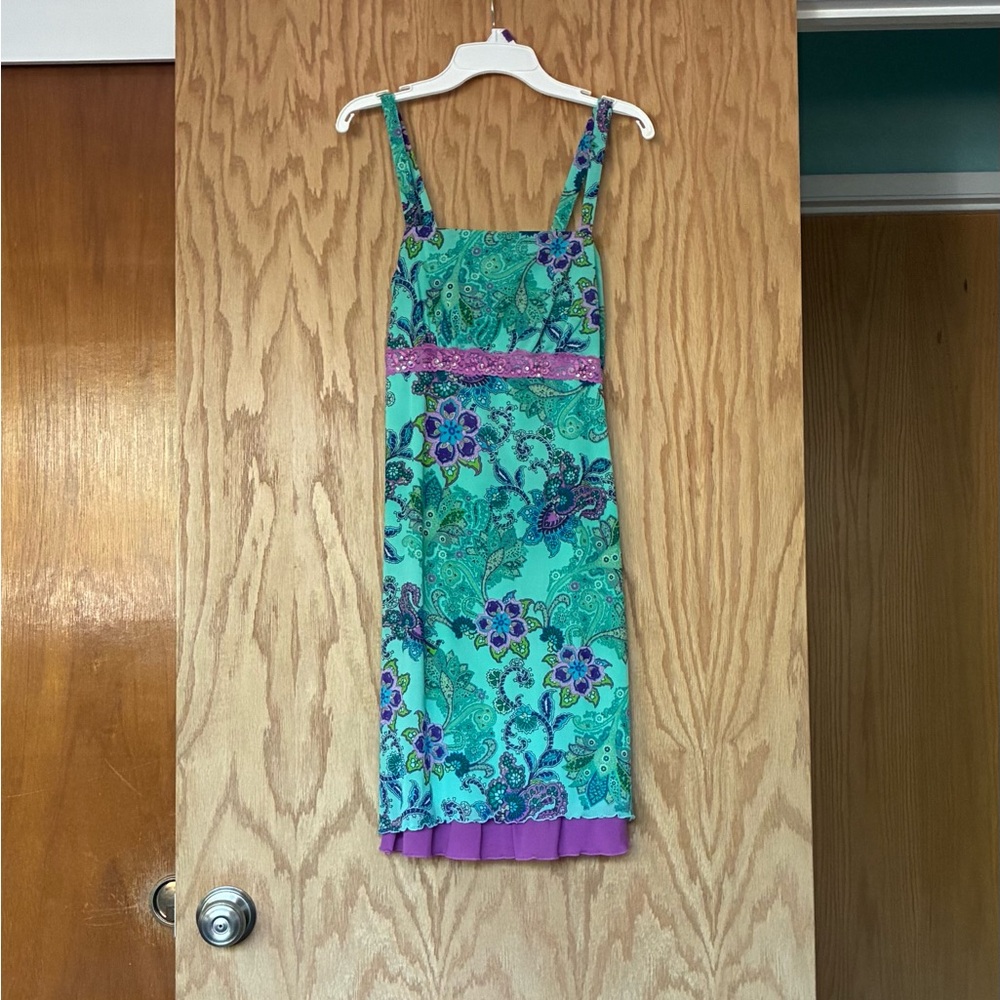 Xhilaration Teal Floral Midi Dress with Purple Trim